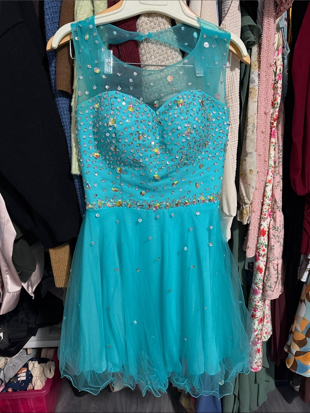 Teal Crystal-Embellished Tulle Graduation Dress